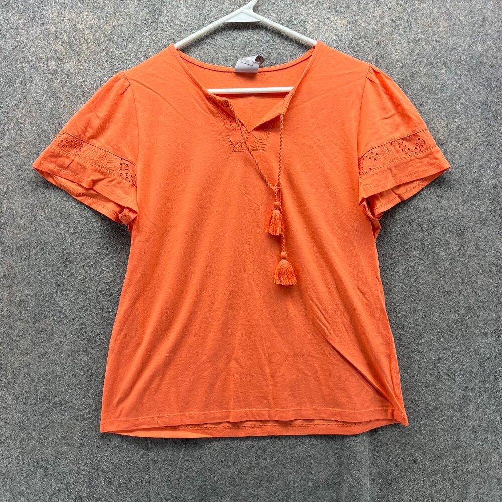 Chico's Shirt Womens 1 Orange Short Sleeve Embroidered Tassel Boho Style